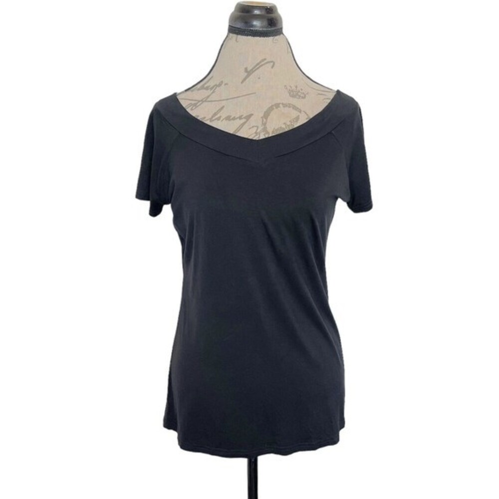 Sarin Mathews Womens Blouse Top Black  V Neckline Short Sleeve Solid NWT Size XL